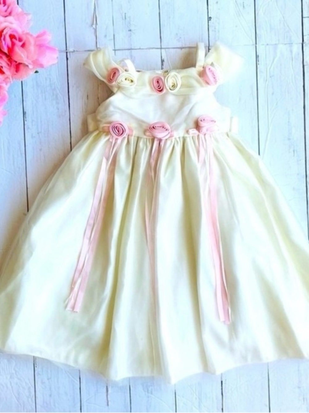 CINDERELLA Cream Dress with Pink Rosette Accents